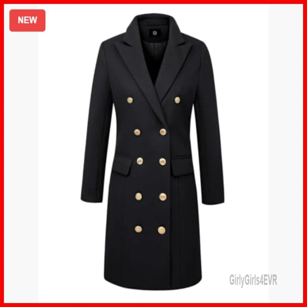 Wool Pea Coat Double Breasted Midi Trench Coat Fall Winter Slim Fit - Picture 3 of 5